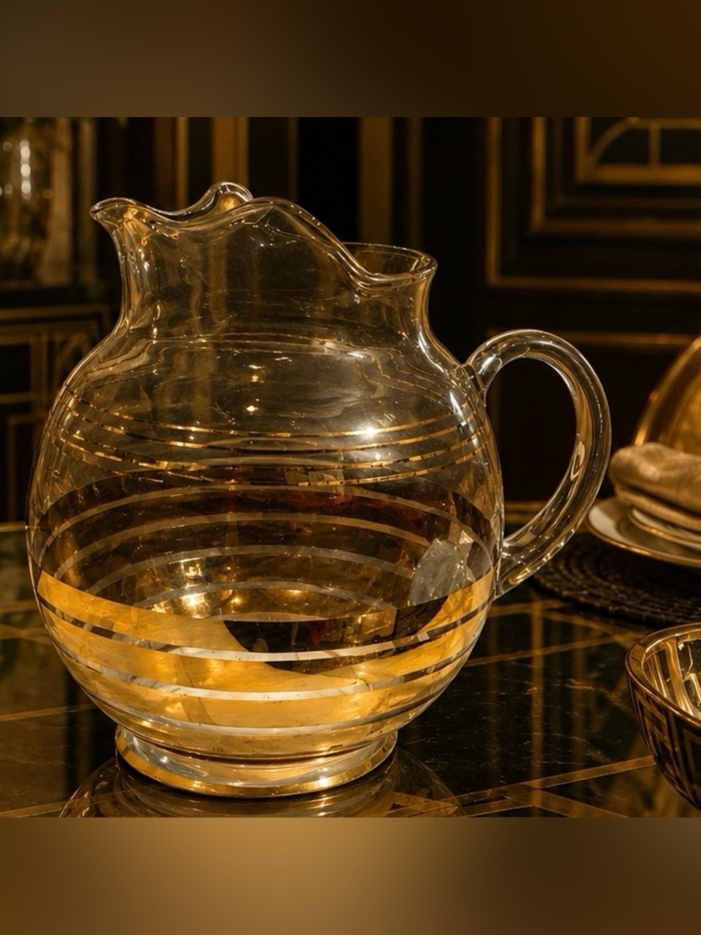 Antique Fine Art Clear Glass REAL 22k GOLD Original Vintage PITCHER Striped Deco